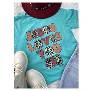 Turquoise & Animal Print Graphic Jesus Loves You Sis Graphic Tee